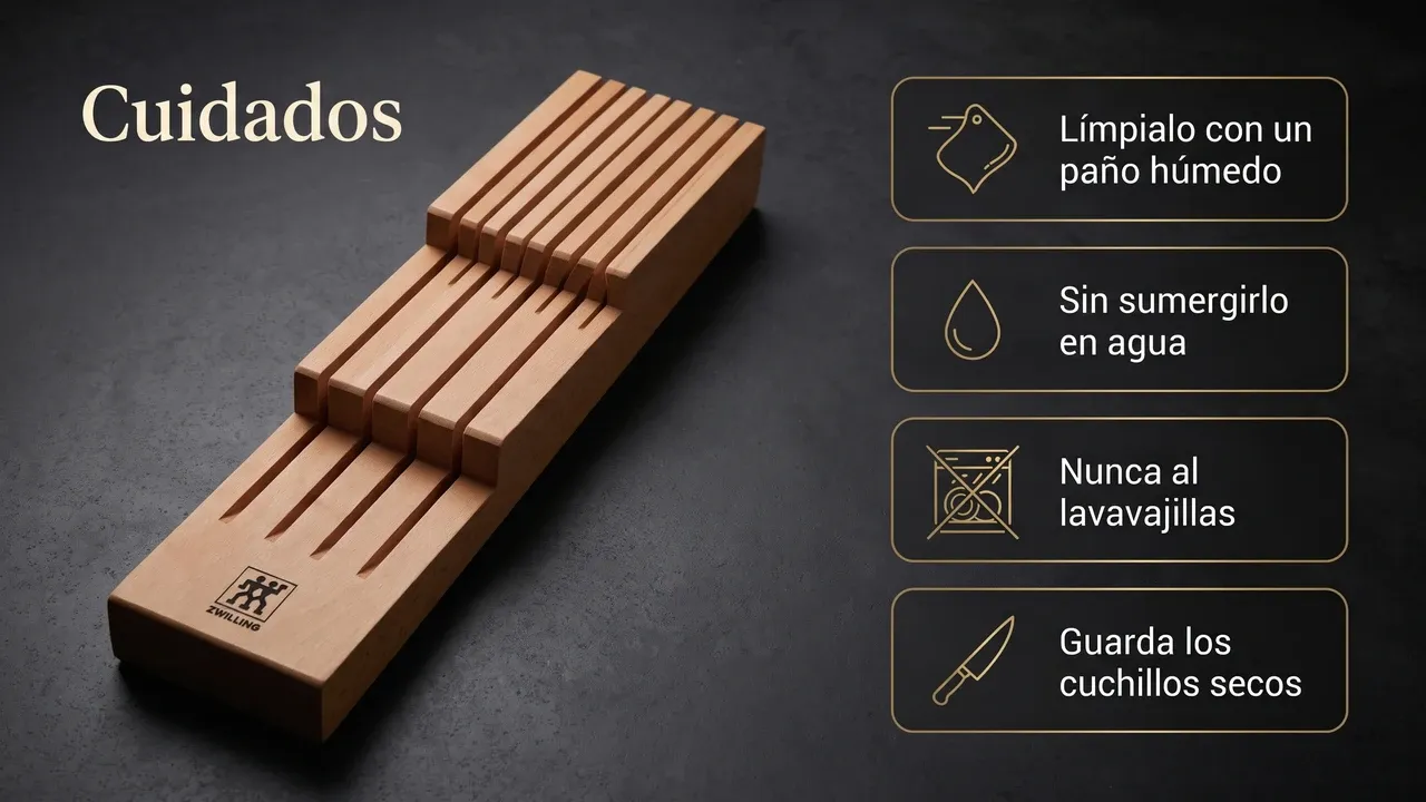 Cuidados del organizador ZWILLING de haya: paño húmedo, sin sumergirlo en agua, nunca al lavavajillas y cuchillos guardados secos