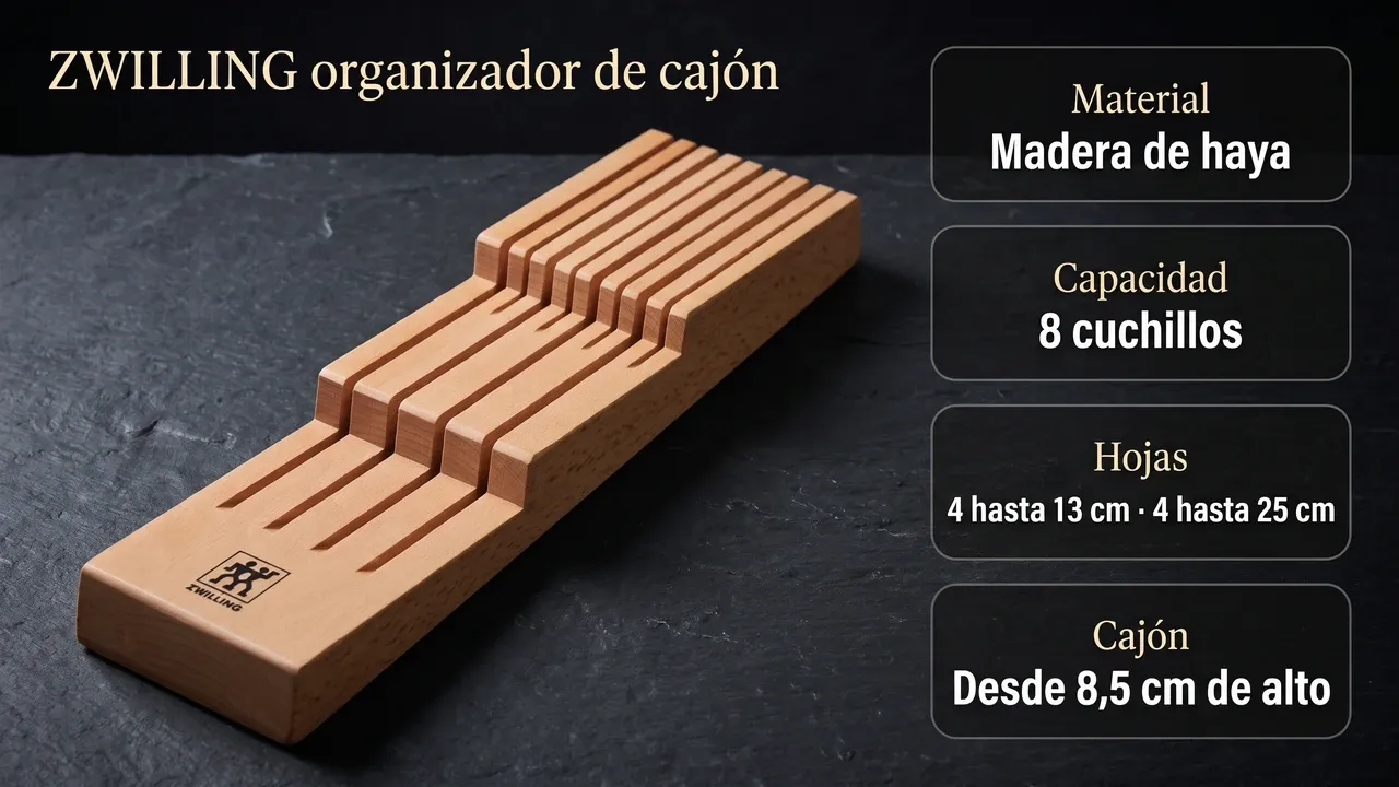 Ficha técnica del inserto de cajón ZWILLING de haya: ocho cuchillos, cuatro hojas de hasta 13 cm y cuatro de hasta 25 cm, para cajones desde 8,5 cm
