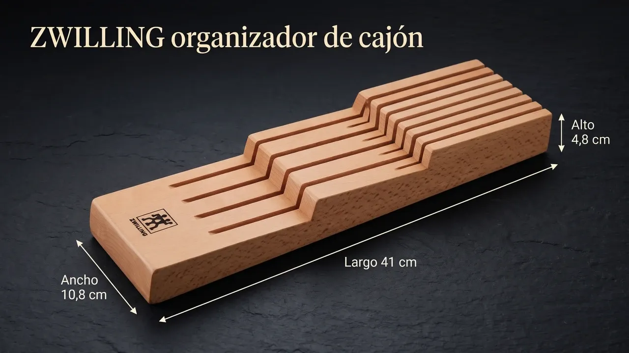 Medidas del organizador de cajón ZWILLING: 41 cm de largo, 10,8 cm de ancho y 4,8 cm de alto, acotado sobre pizarra oscura