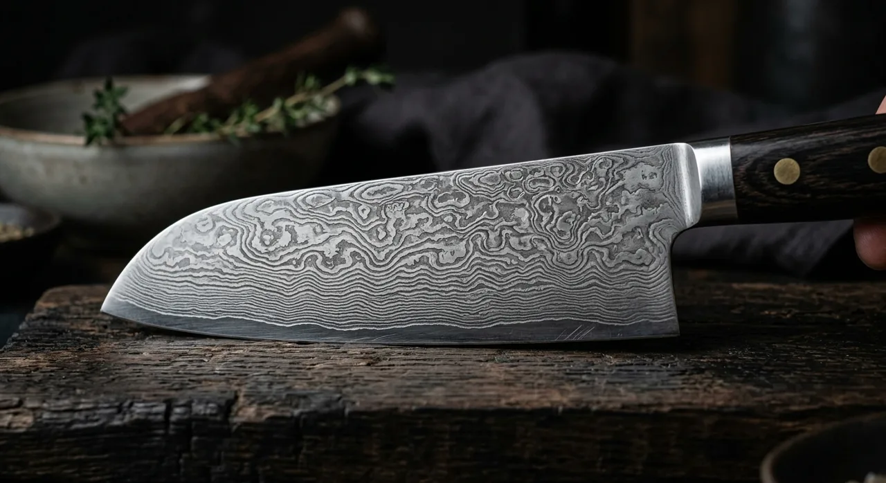 Close-up de la hoja de un Santoku con patrón damasco, mostrando perfil y filo