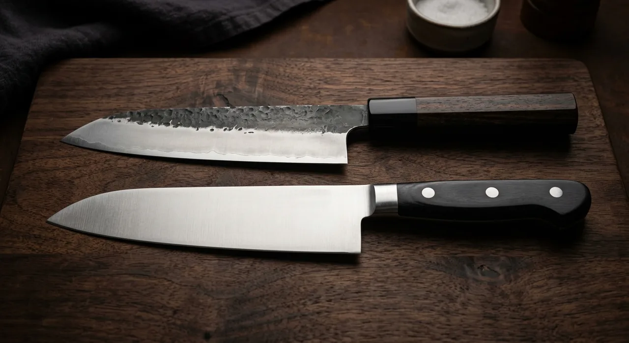Dos Santoku comparando mango wa-handle de madera y yo-handle occidental con remaches