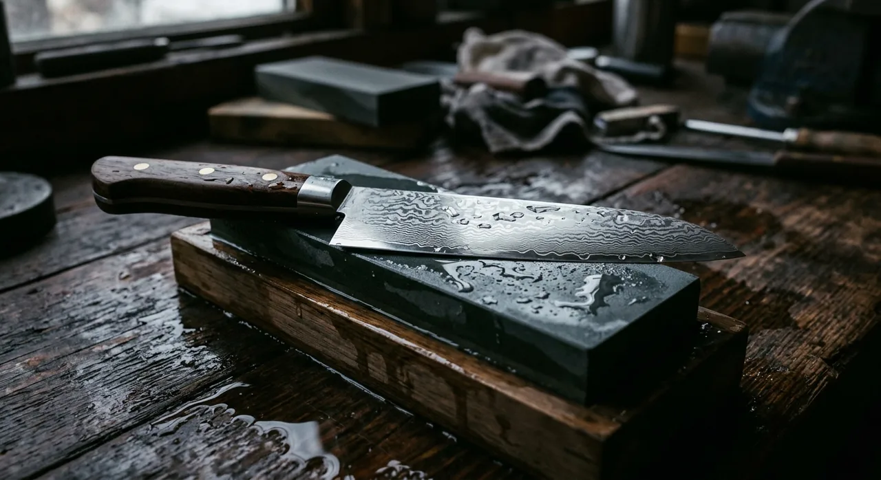 Santoku japonés sobre piedra de afilar mojada, con recipiente de agua al lado