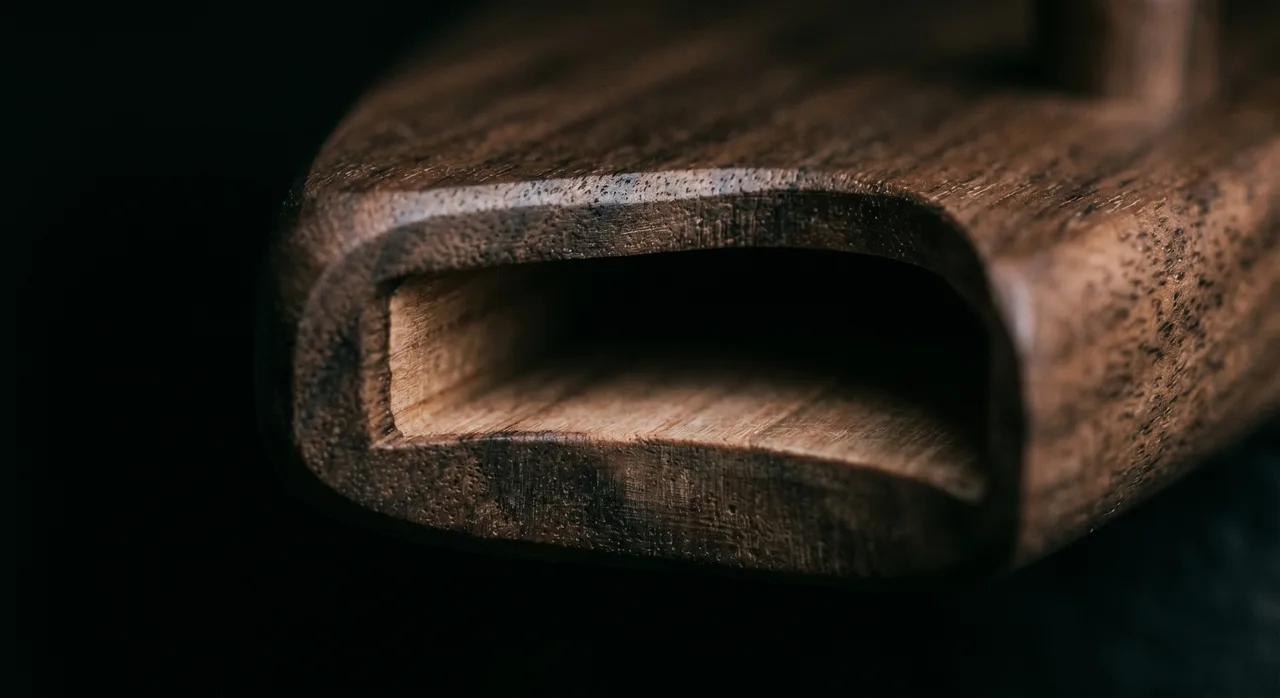 Detalle de la apertura de una saya de madera de nogal negro mostrando el canal interior para la hoja
