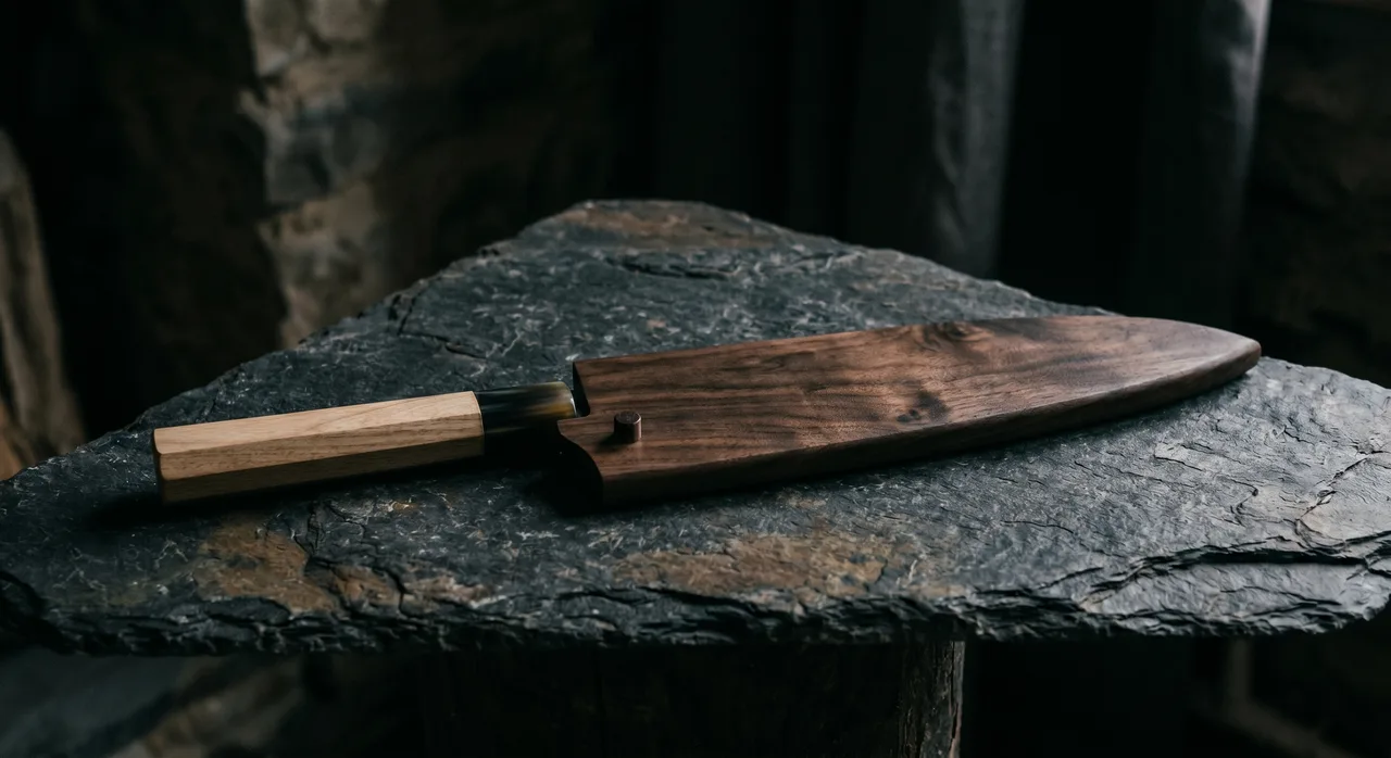 Saya de madera de magnolia protegiendo la hoja de un cuchillo japonés Gyuto sobre superficie oscura