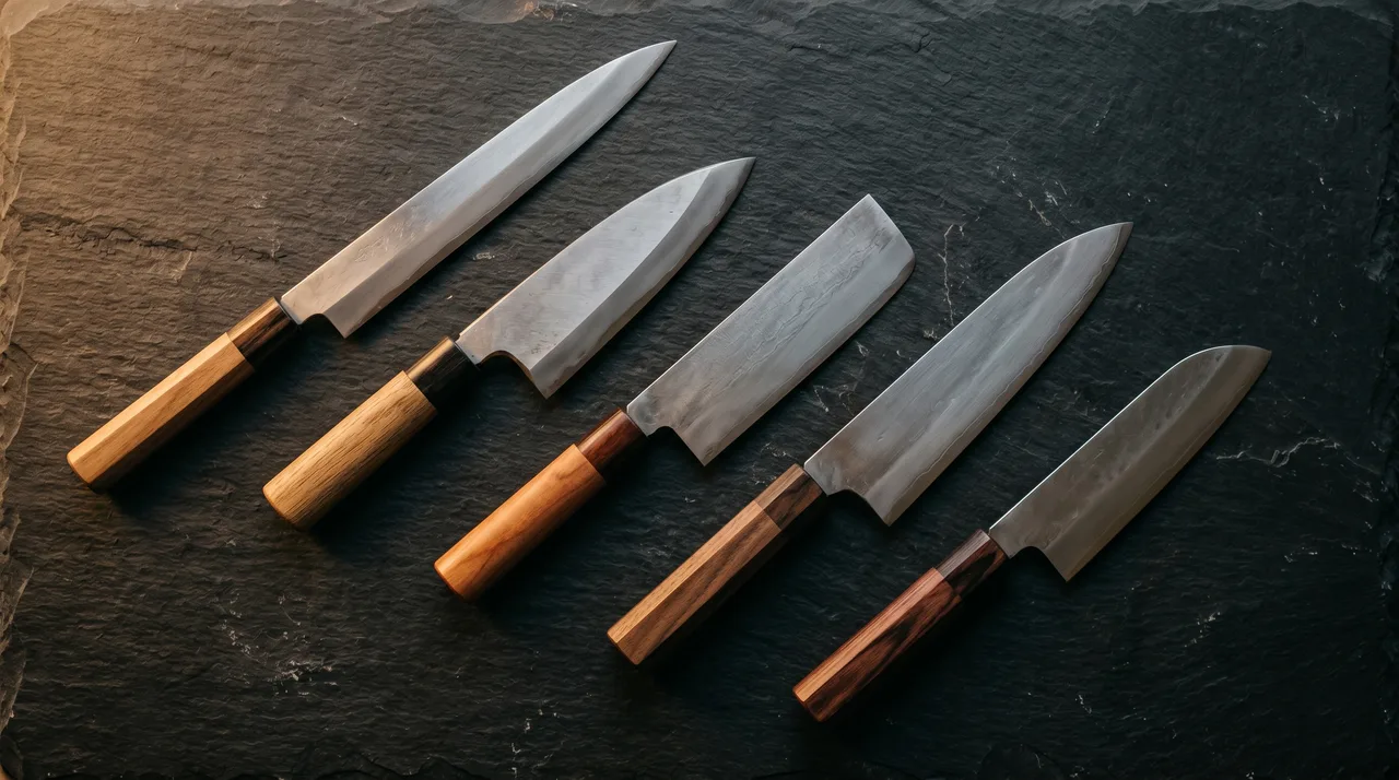 Cinco cuchillos japoneses de cocina dispuestos sobre pizarra oscura