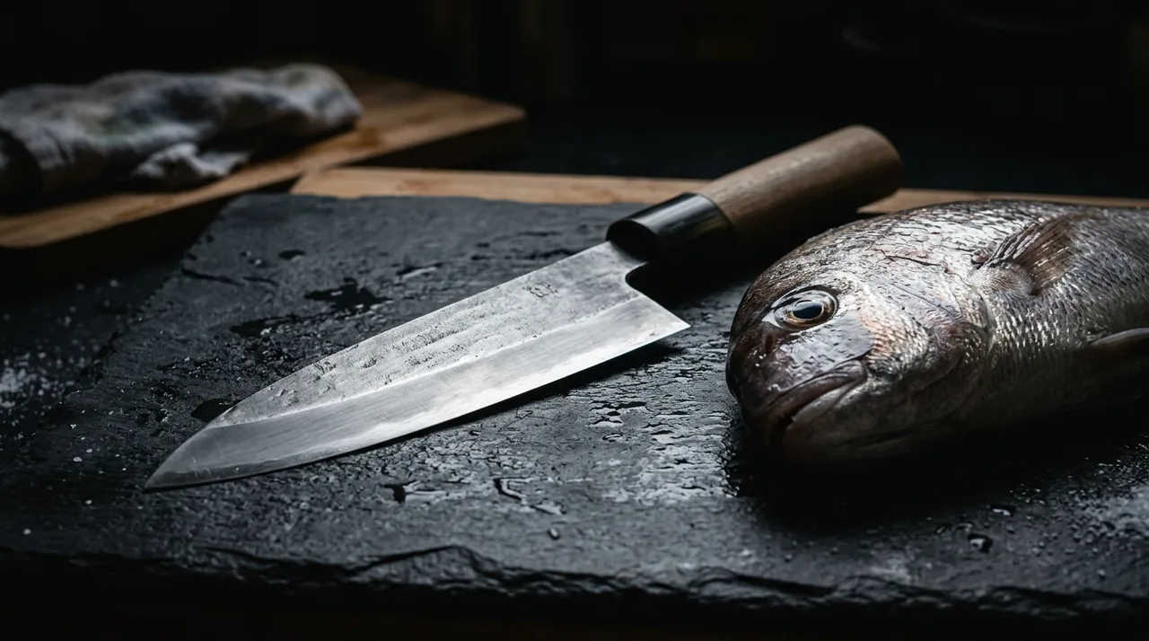 Cuchillo Deba japonés sobre pizarra con pescado entero