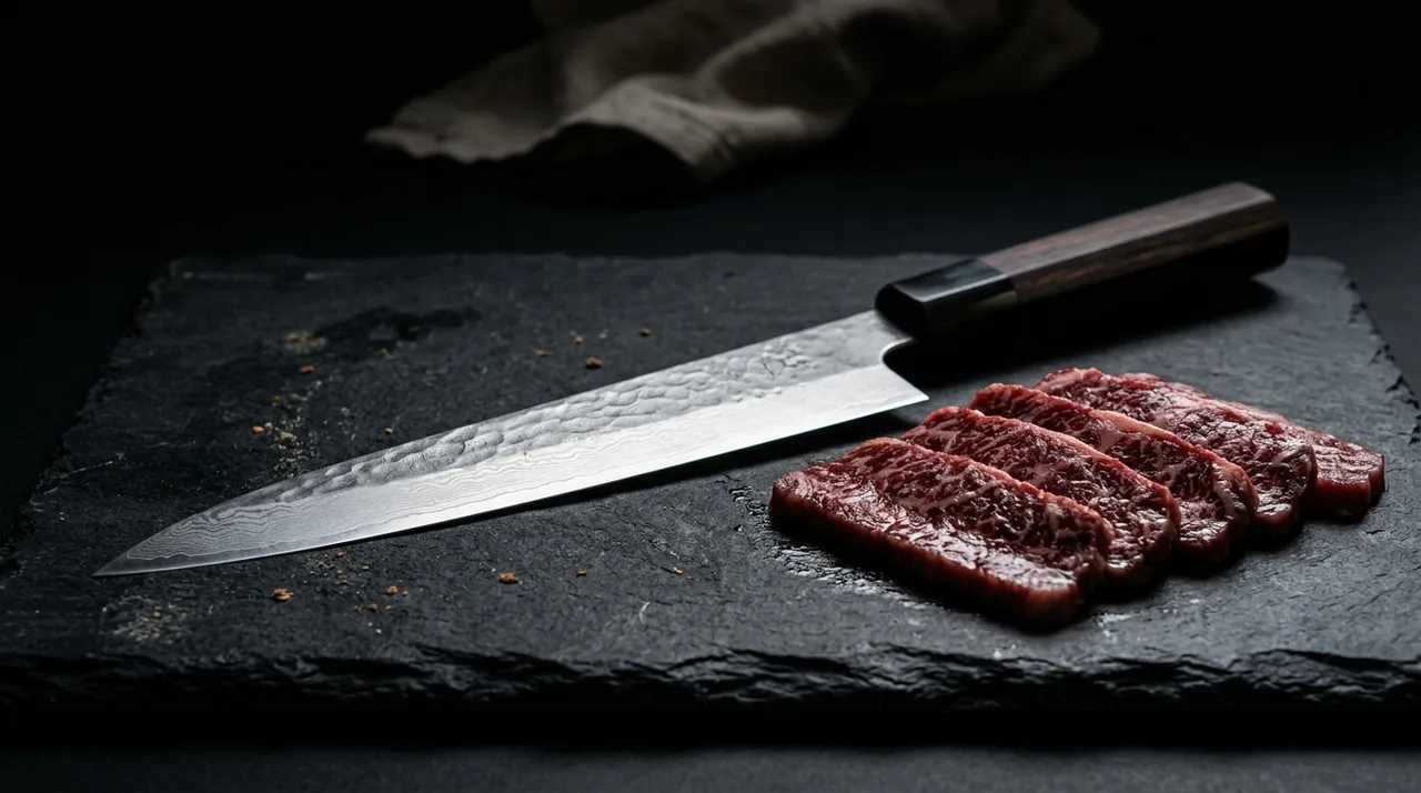Cuchillo Gyuto japonés sobre pizarra con carne en lonchas