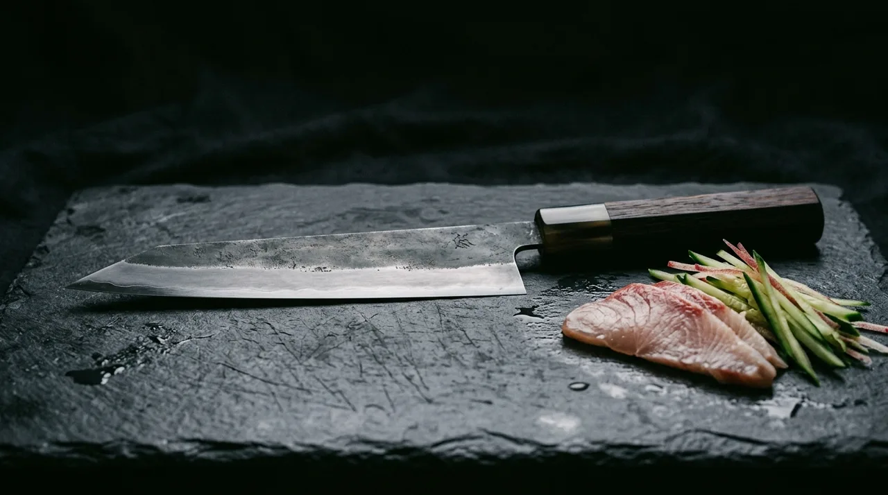 Cuchillo Kiritsuke japonés sobre pizarra con pescado y juliana