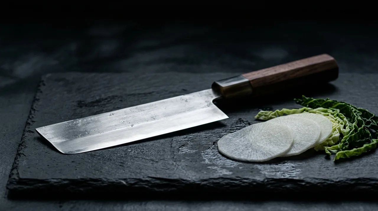 Cuchillo Nakiri japonés sobre pizarra con daikon y col