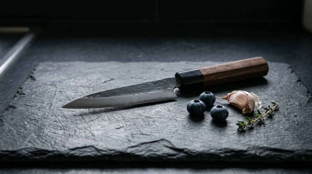 Cuchillo Petty japonés sobre pizarra con arándanos y ajo