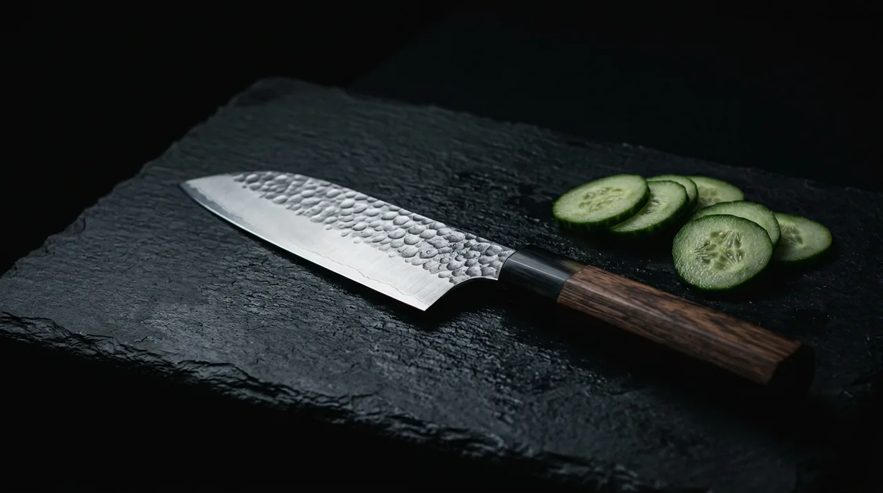 Cuchillo Santoku japonés sobre pizarra con pepino en rodajas