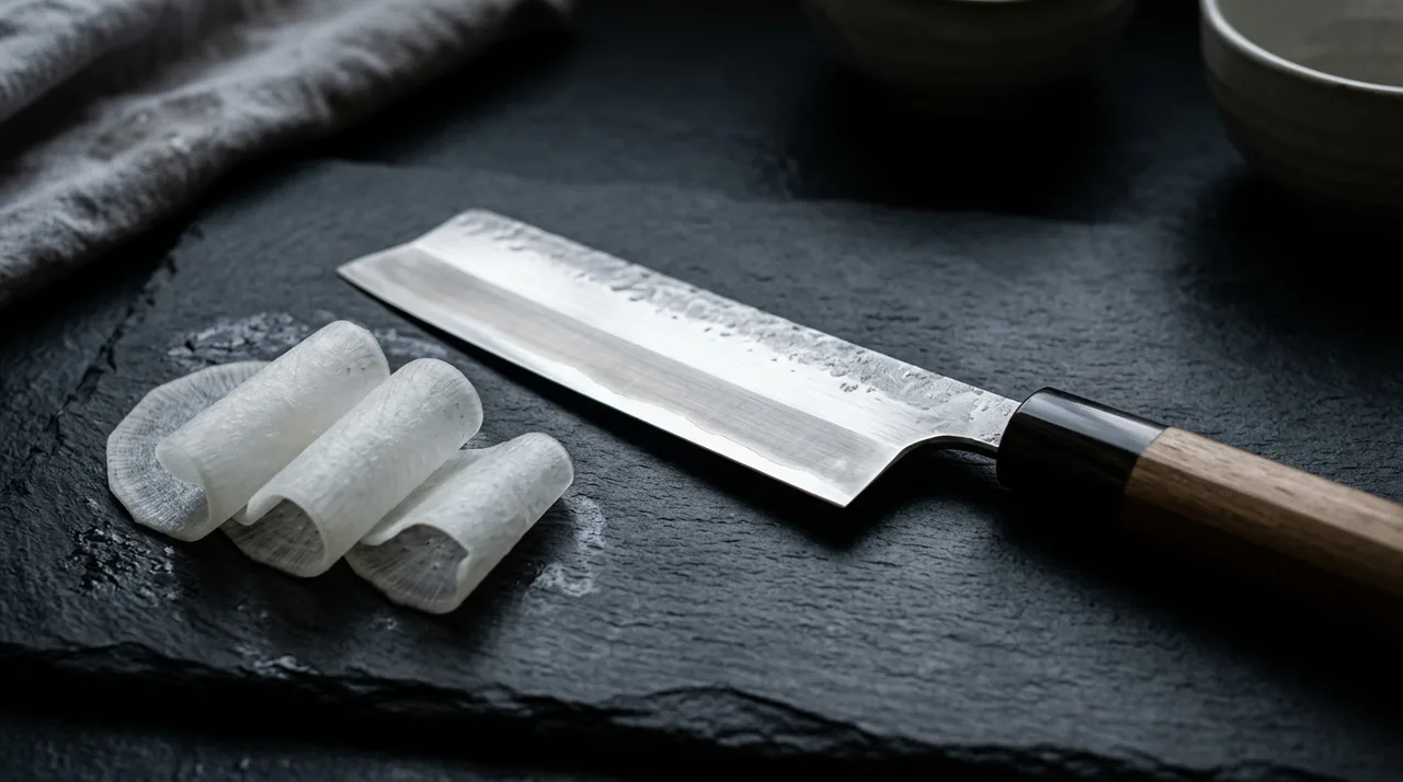 Cuchillo Usuba japonés sobre pizarra con láminas de daikon katsuramuki