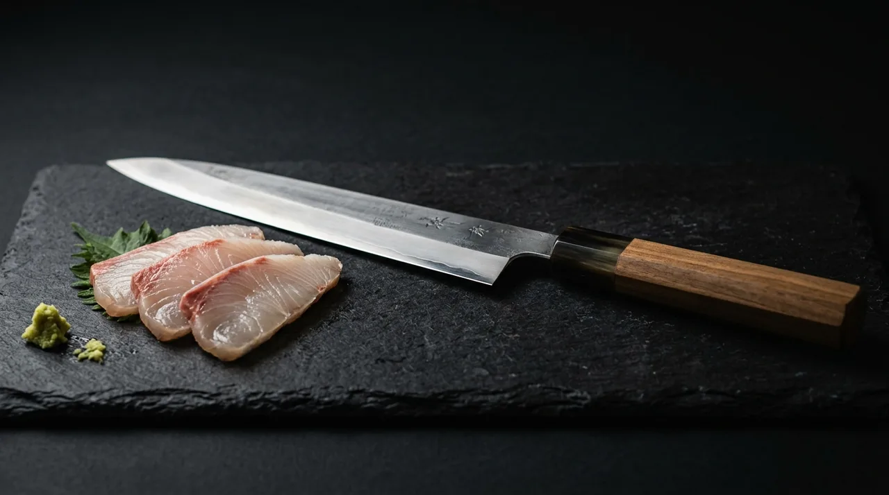 Cuchillo Yanagiba japonés sobre pizarra con sashimi y wasabi